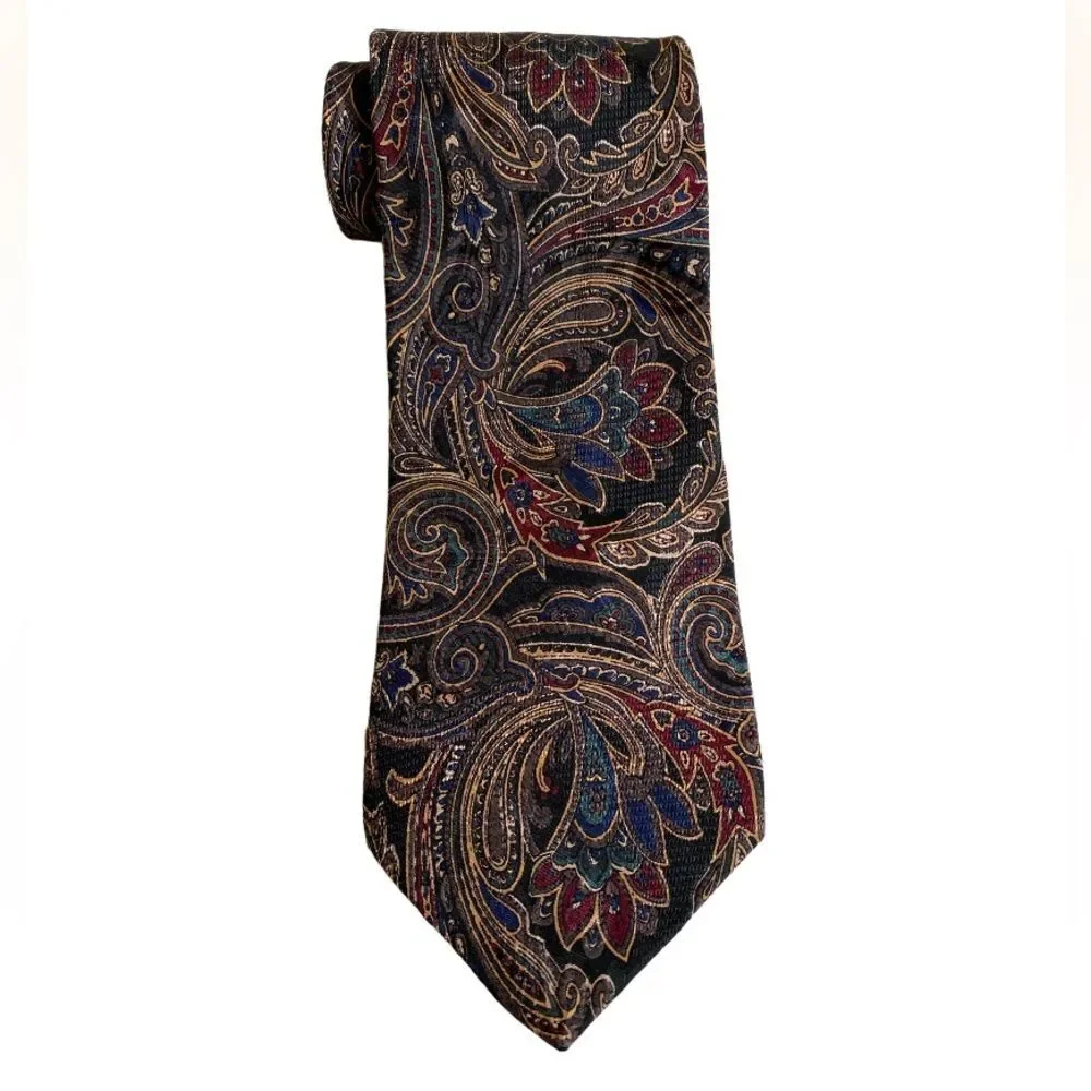 J. Riggins Hunting Horn Silk Paisley Neck Tie Black Brown Red Blue Made in USA